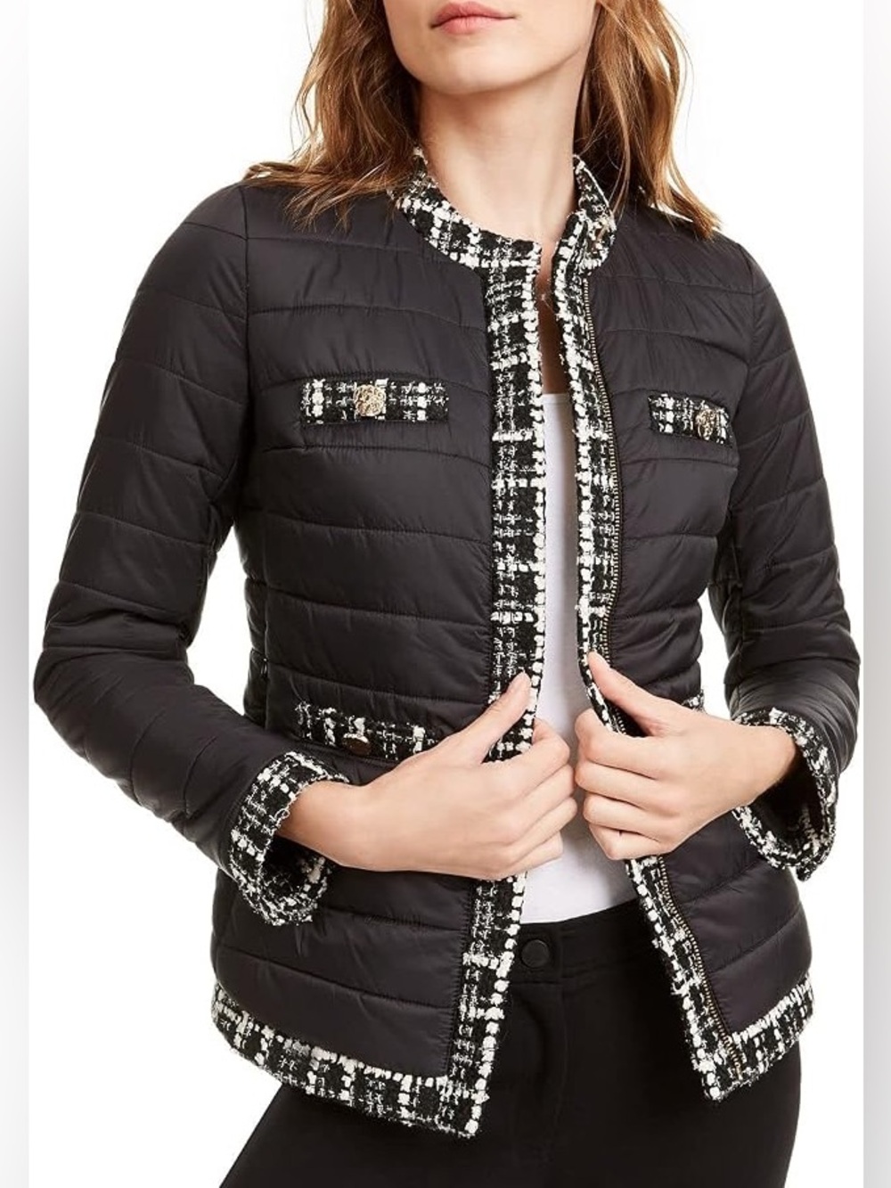 Anne Klein Black Quilted Jacket with Black & White Tweed Trim